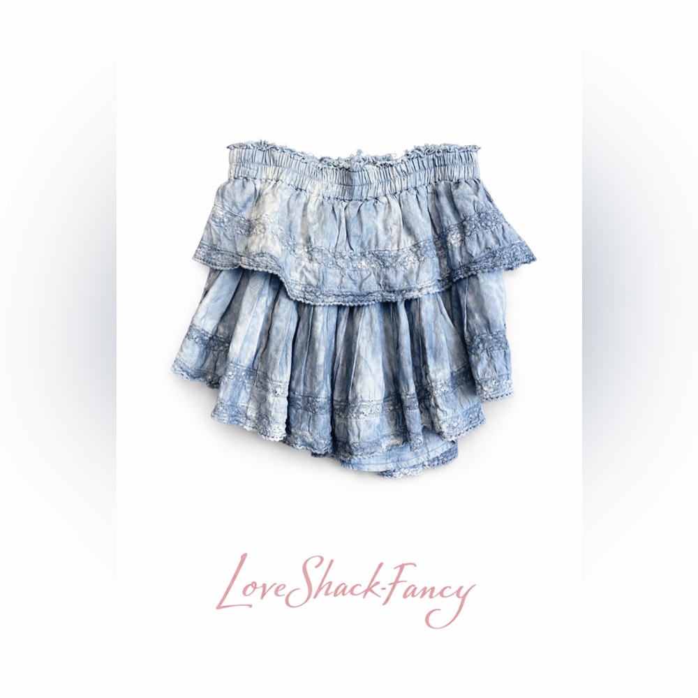 LoveShackFancy Blue Tie Dye Tiered Ruffle Mini Skirt Boho Cottagecore